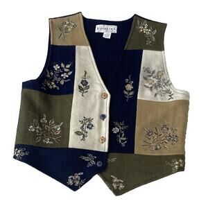 Vintage Embroidered Vest Women's Large Leaf Flower Wool Blend Classic
